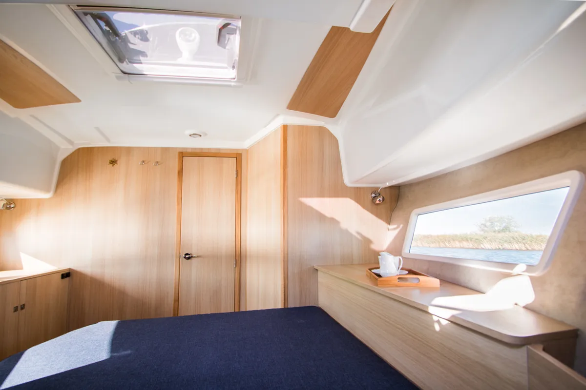 Cabin on Balt 1080 Titanium, a Balt 1018 Titanium motorboat at Wilkasy, Poland