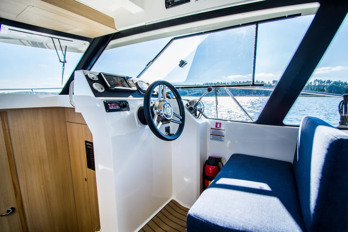 Cockpit of Balt 1080 Titanium, a Balt 1018 Titanium motorboat at Wilkasy, Poland