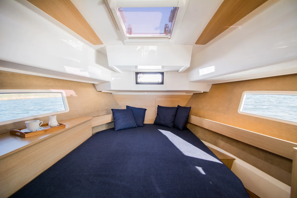 Cabin on Balt 1080 Titanium, a Balt 1018 Titanium motorboat at Wilkasy, Poland