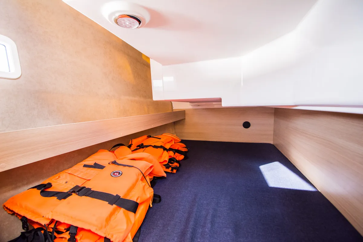 Cabin on Balt 1080 Titanium, a Balt 1018 Titanium motorboat at Wilkasy, Poland