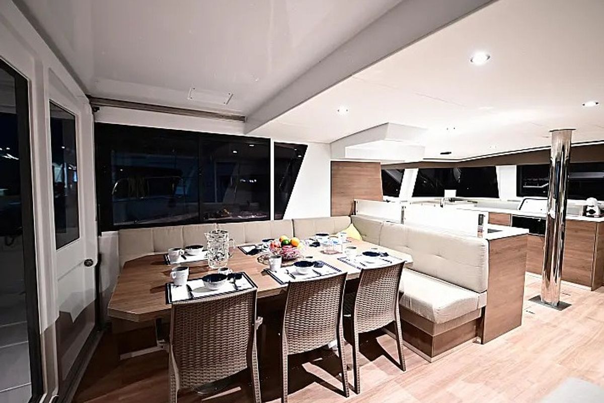 Salon of Tritone, a Bali 4.6 catamaran at Salerno, Italy