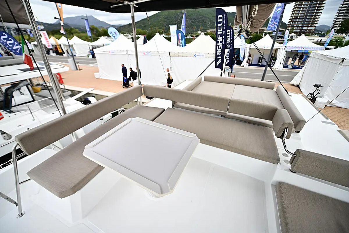 Deck of Tritone, a Bali 4.6 catamaran at Salerno, Italy