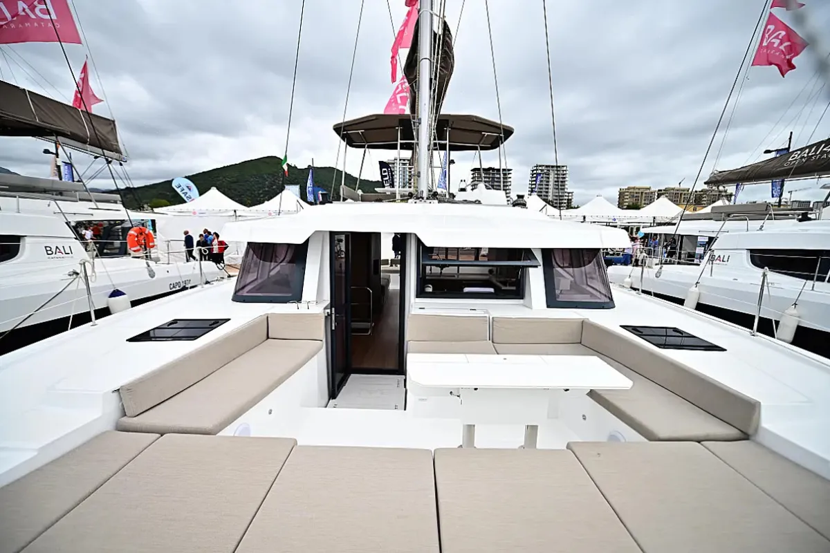 Exterior view of Tritone, a Bali 4.6 catamaran at Salerno, Italy