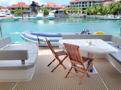 Deck of Akula, a Leopard 53 PC catamaran at Eden Island Marina, Seychelles