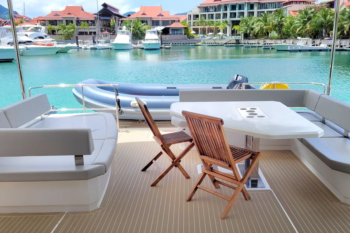 Deck of Akula, a Leopard 53 PC catamaran at Eden Island Marina, Seychelles