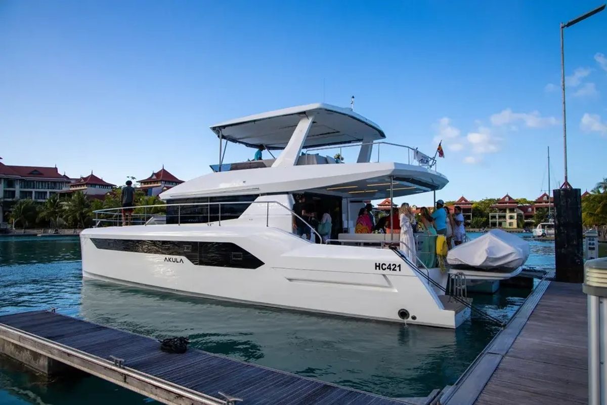 Exterior view of Akula, a Leopard 53 PC catamaran at Eden Island Marina, Seychelles