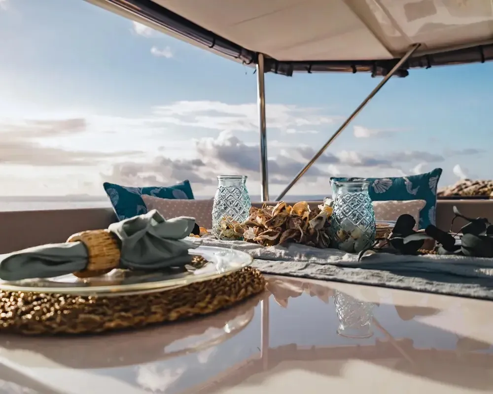 Deck of Akula, a Leopard 53 PC catamaran at Eden Island Marina, Seychelles