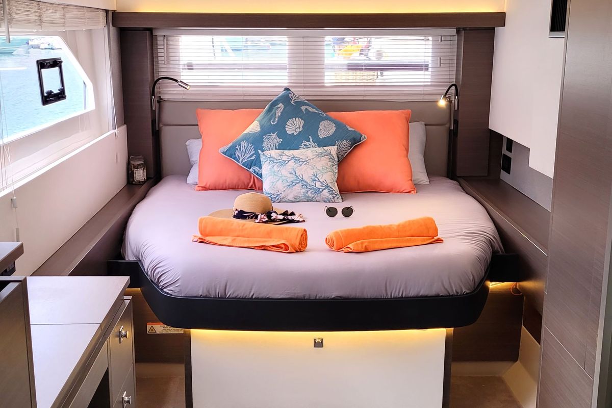 Cabin on Akula, a Leopard 53 PC catamaran at Eden Island Marina, Seychelles