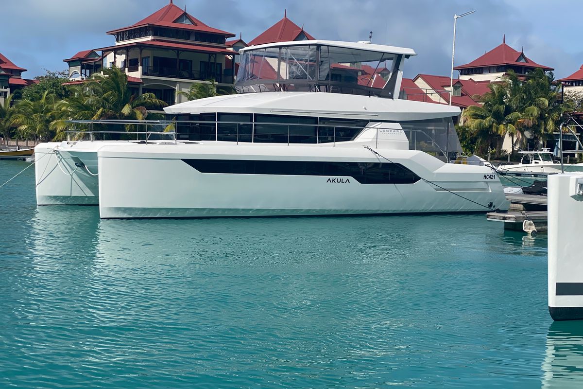 Exterior view of Akula, a Leopard 53 PC catamaran at Eden Island Marina, Seychelles