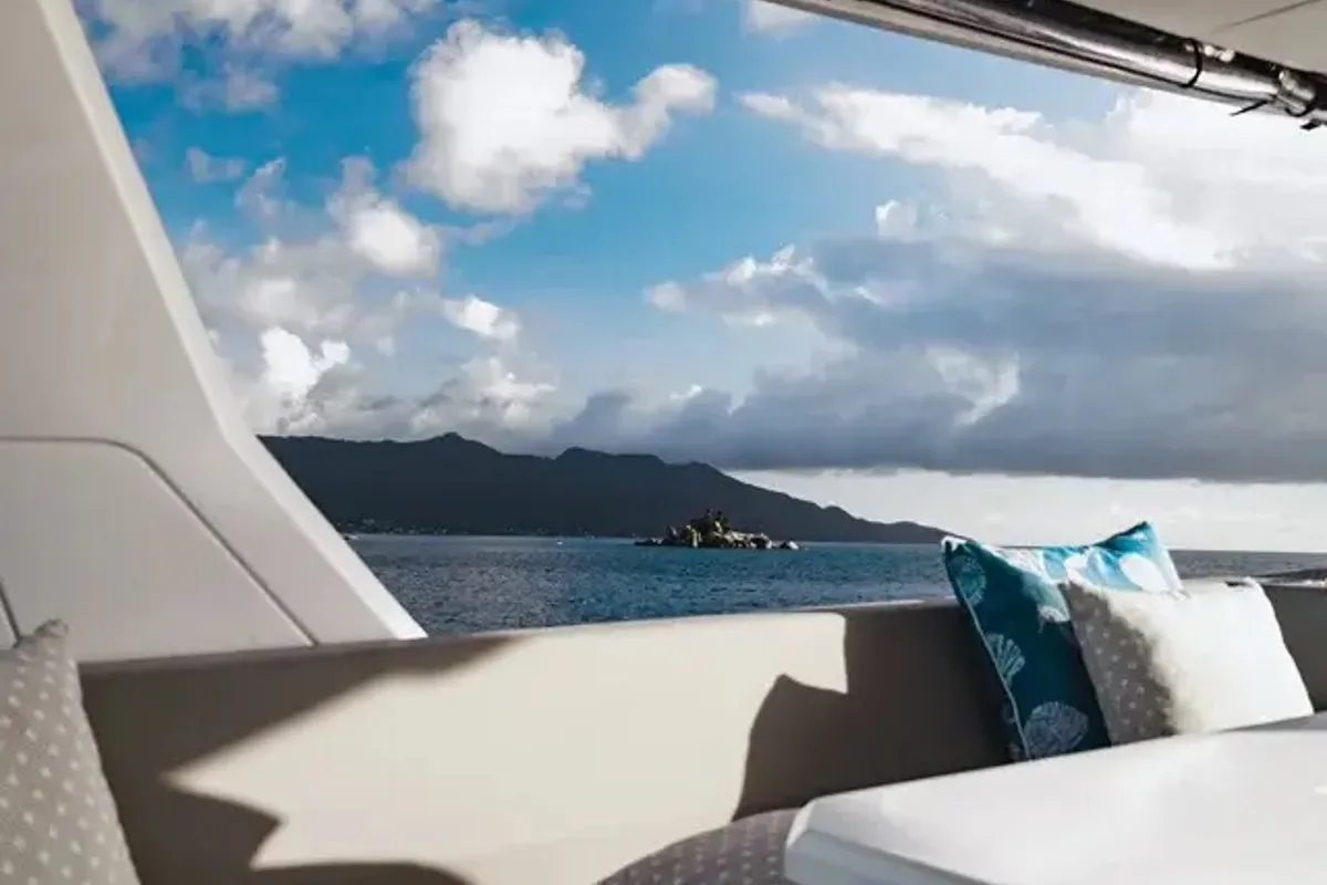 Deck of Akula, a Leopard 53 PC catamaran at Eden Island Marina, Seychelles