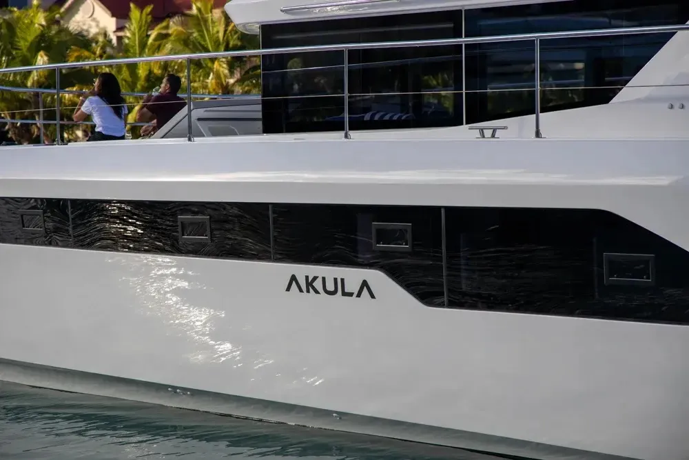 Exterior view of Akula, a Leopard 53 PC catamaran at Eden Island Marina, Seychelles