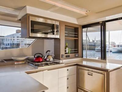 Galley of Akula, a Leopard 53 PC catamaran at Eden Island Marina, Seychelles