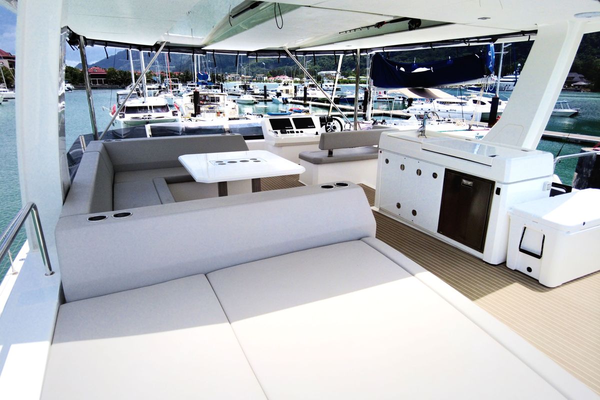 Deck of Akula, a Leopard 53 PC catamaran at Eden Island Marina, Seychelles