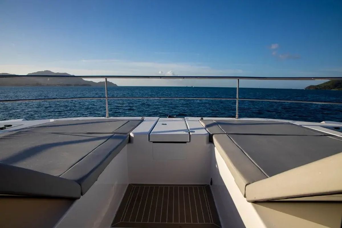 Deck of Akula, a Leopard 53 PC catamaran at Eden Island Marina, Seychelles