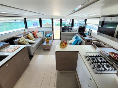 Salon of Akula, a Leopard 53 PC catamaran at Eden Island Marina, Seychelles
