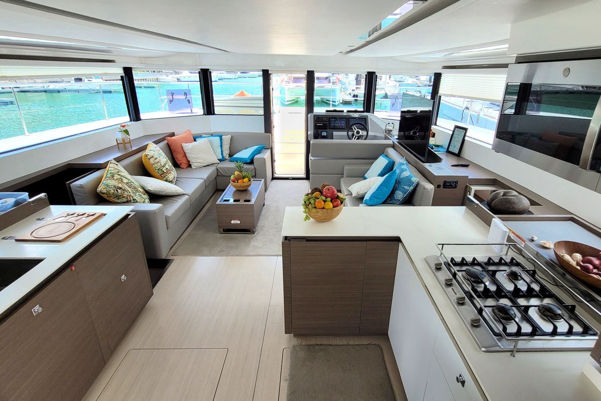 Salon of Akula, a Leopard 53 PC catamaran at Eden Island Marina, Seychelles