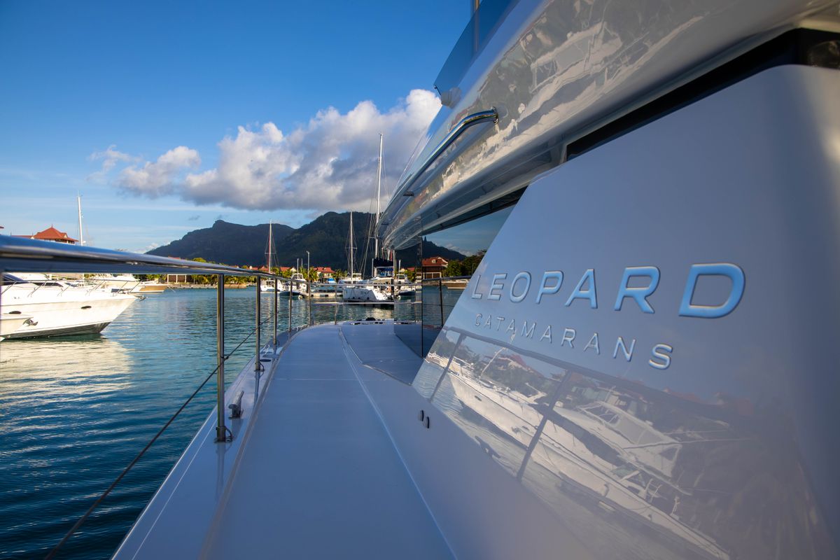 Exterior view of Akula, a Leopard 53 PC catamaran at Eden Island Marina, Seychelles