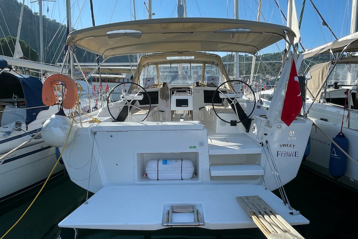 Exterior view of Sweet, a Dufour 430 GL sailboat at Fethiye, Turkey