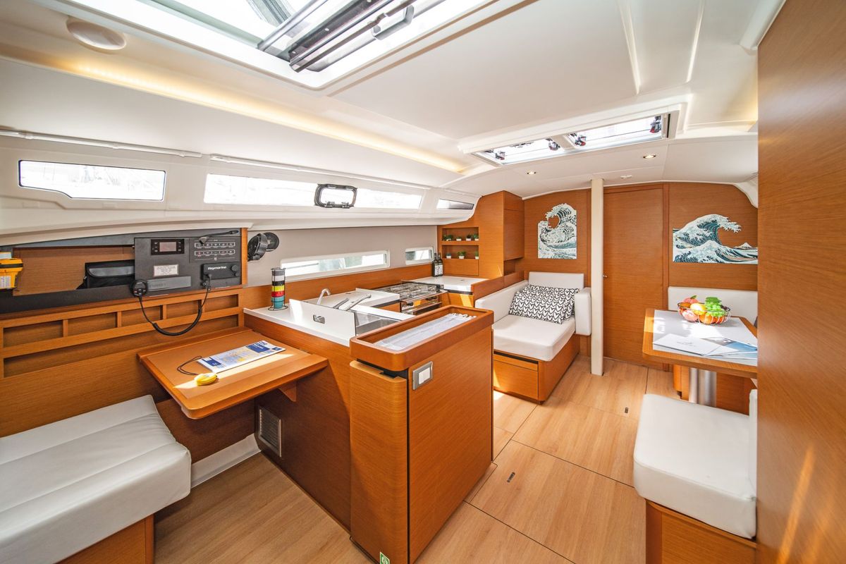 Salon of Aella, a Jeanneau Sun Odyssey 410 sailboat at Skiathos, Greece