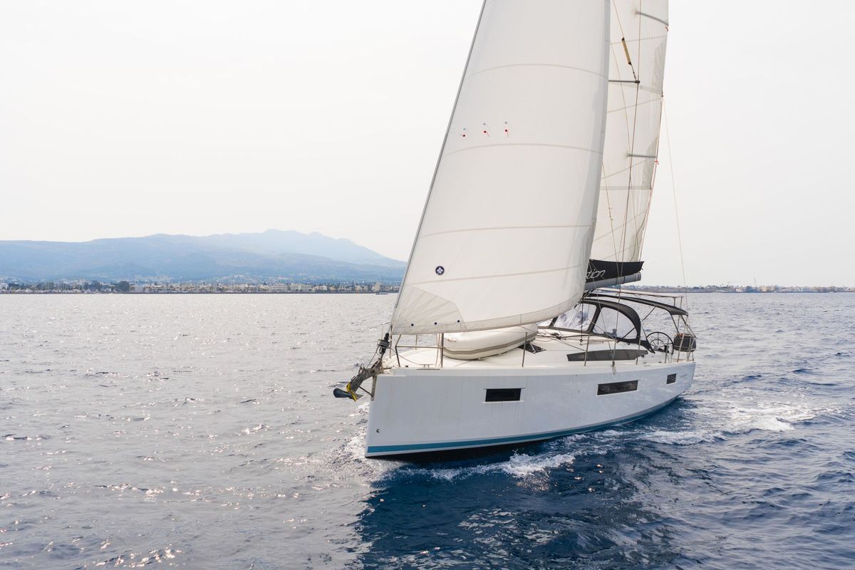 Exterior view of Aella, a Jeanneau Sun Odyssey 410 sailboat at Skiathos, Greece