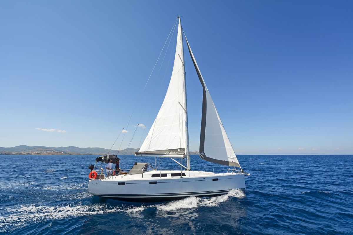 Exterior view of Deep Blue, a Hanse Yachts Hanse 415 sailboat at Lavreotiki Municipal Unit, Greece