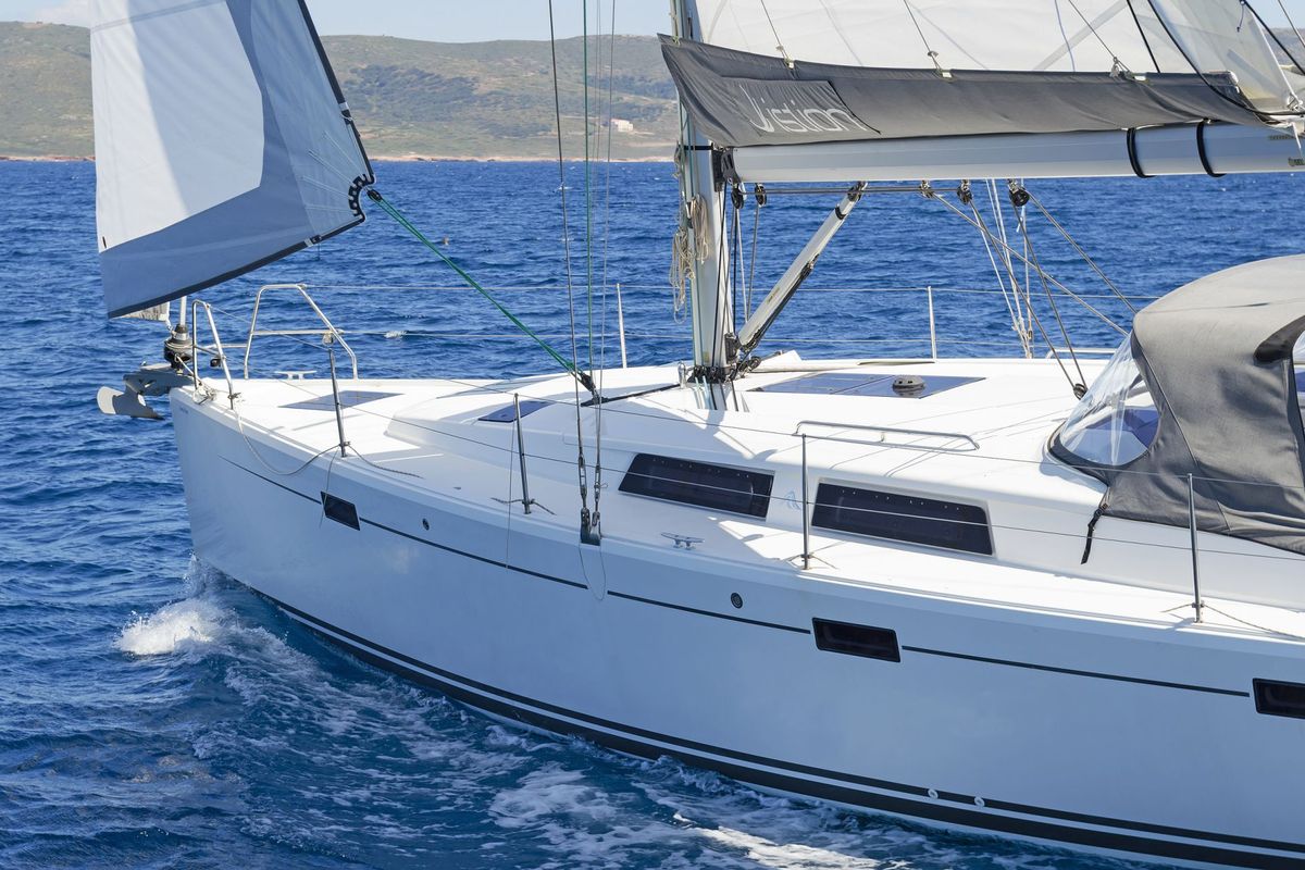 Exterior view of Deep Blue, a Hanse Yachts Hanse 415 sailboat at Lavreotiki Municipal Unit, Greece