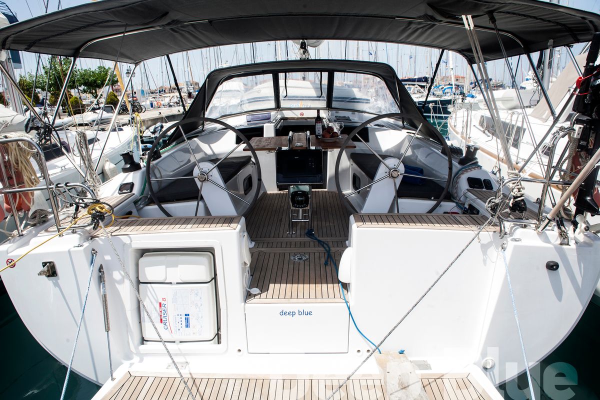 Cockpit of Deep Blue, a Hanse Yachts Hanse 415 sailboat at Lavreotiki Municipal Unit, Greece