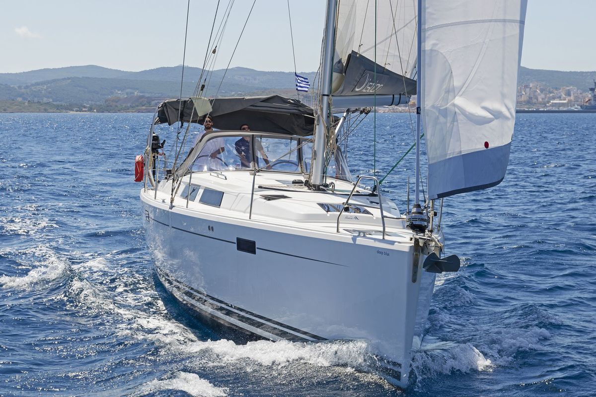 Exterior view of Deep Blue, a Hanse Yachts Hanse 415 sailboat at Lavreotiki Municipal Unit, Greece
