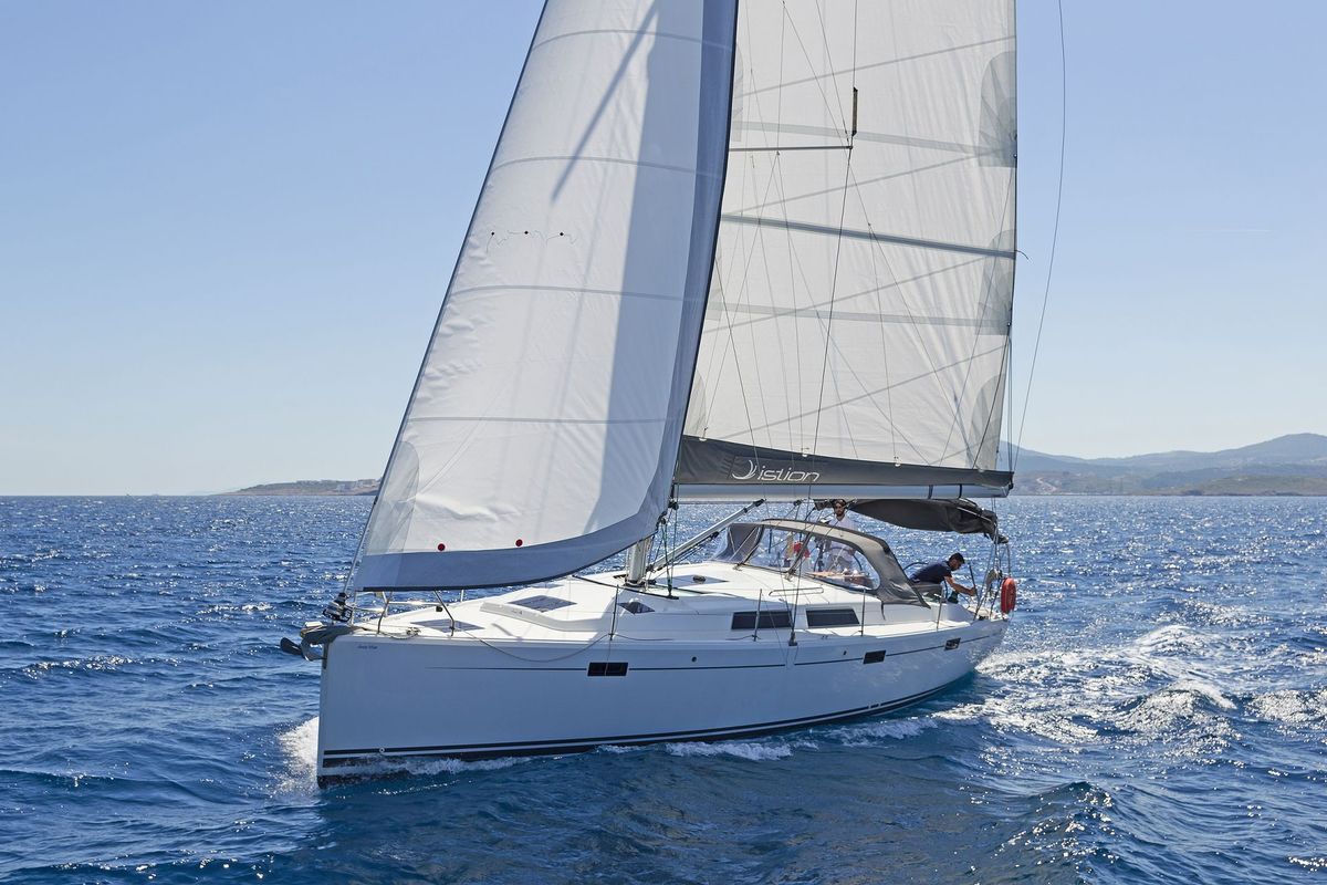 Exterior view of Deep Blue, a Hanse Yachts Hanse 415 sailboat at Lavreotiki Municipal Unit, Greece