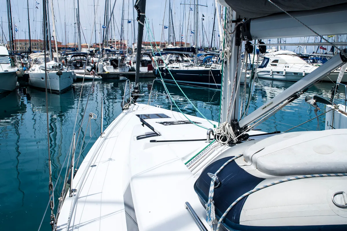 Deck of Deep Blue, a Hanse Yachts Hanse 415 sailboat at Lavreotiki Municipal Unit, Greece