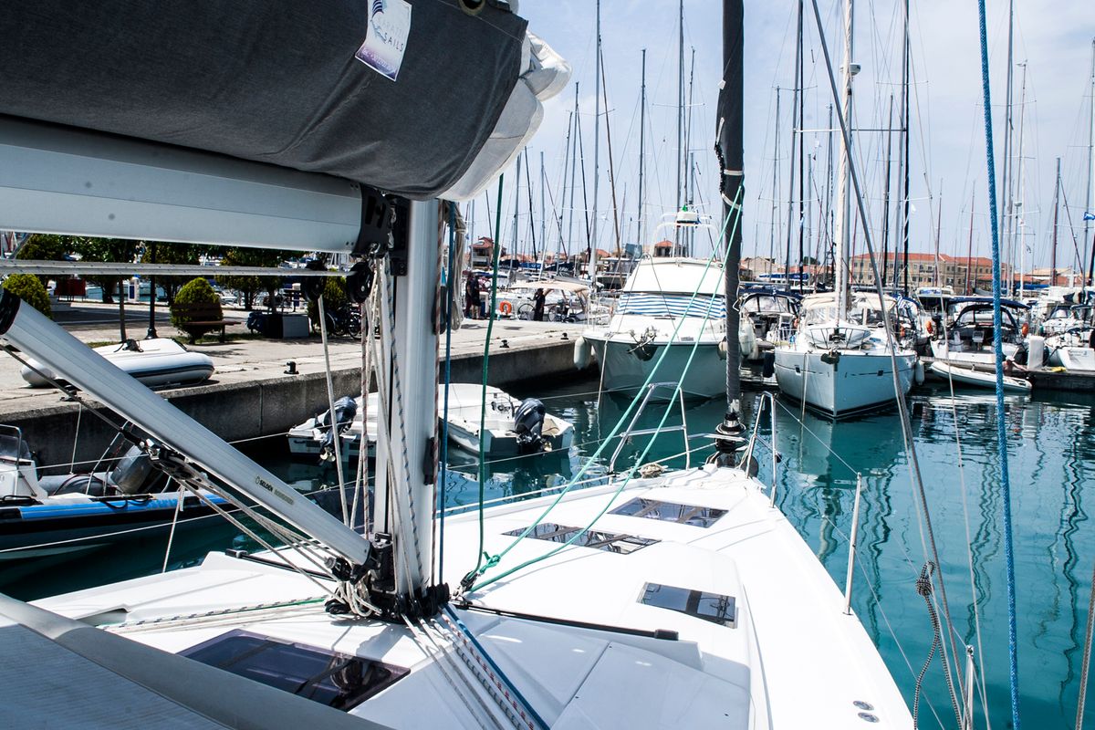 Deck of Deep Blue, a Hanse Yachts Hanse 415 sailboat at Lavreotiki Municipal Unit, Greece