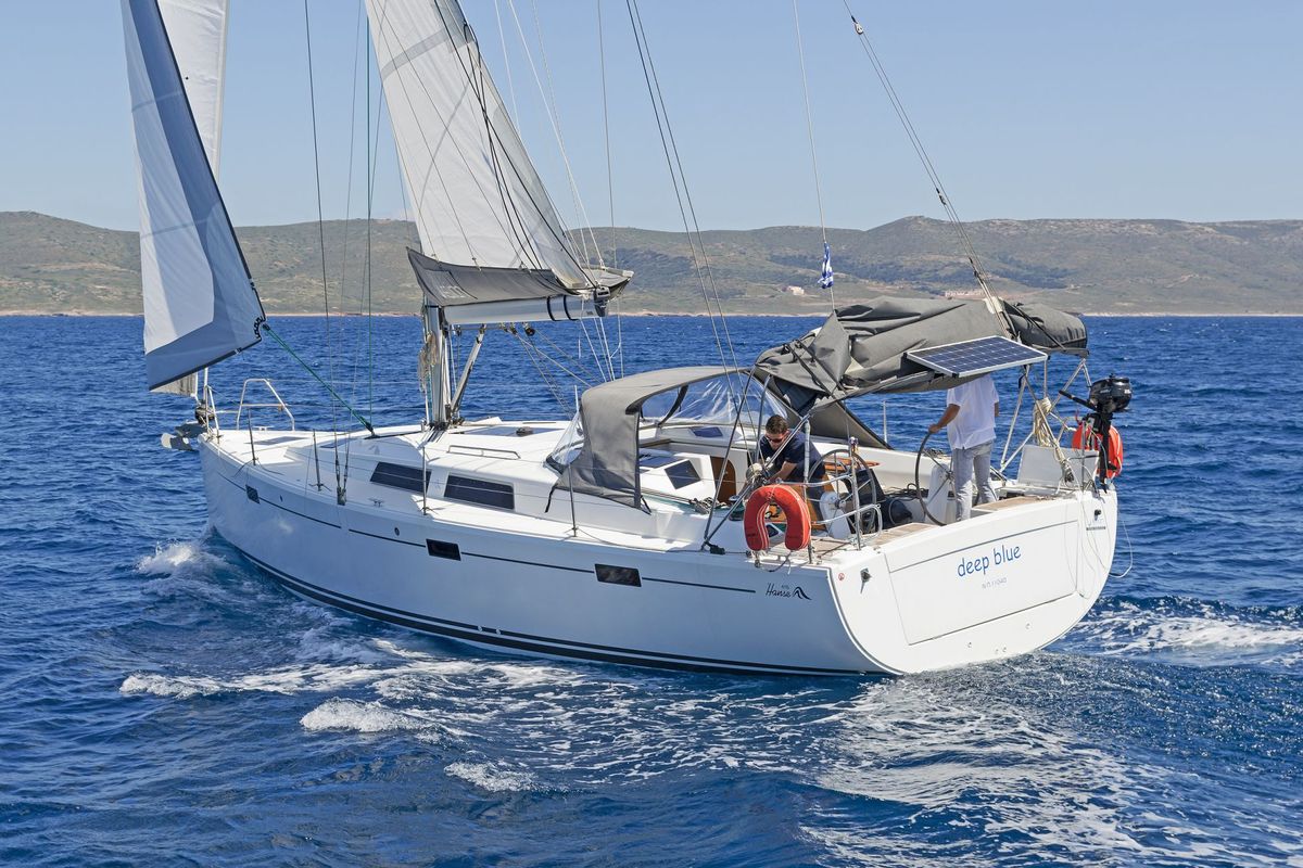 Exterior view of Deep Blue, a Hanse Yachts Hanse 415 sailboat at Lavreotiki Municipal Unit, Greece