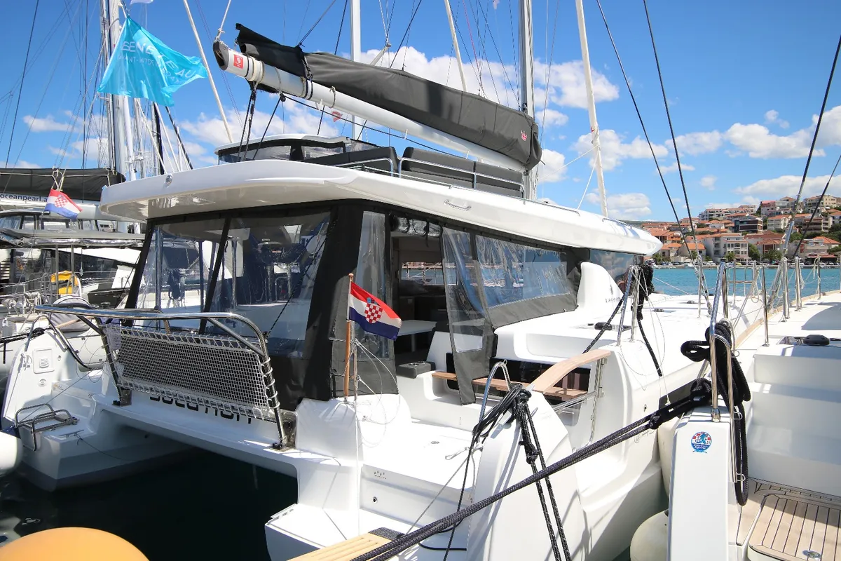 Exterior view of Solution, a Lagoon 43 catamaran at Općina Rogoznica, Croatia