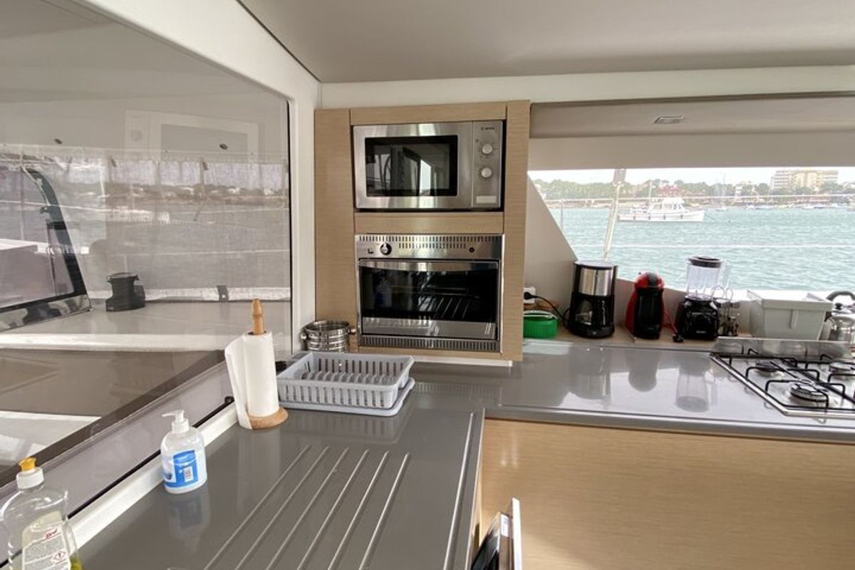 Galley of Sunshine Reggae, a Fountaine Pajot Saba 50 catamaran at Palma de Mallorca, Spain