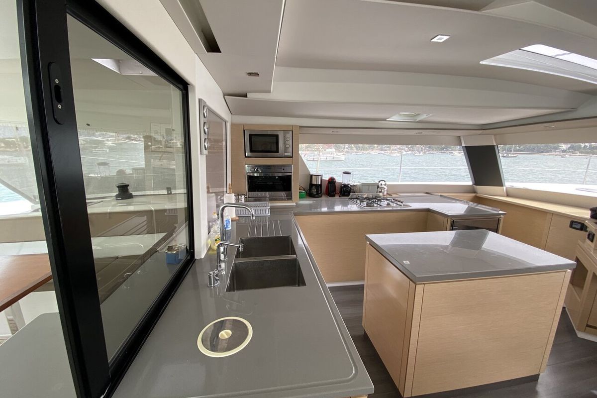 Galley of Sunshine Reggae, a Fountaine Pajot Saba 50 catamaran at Palma de Mallorca, Spain