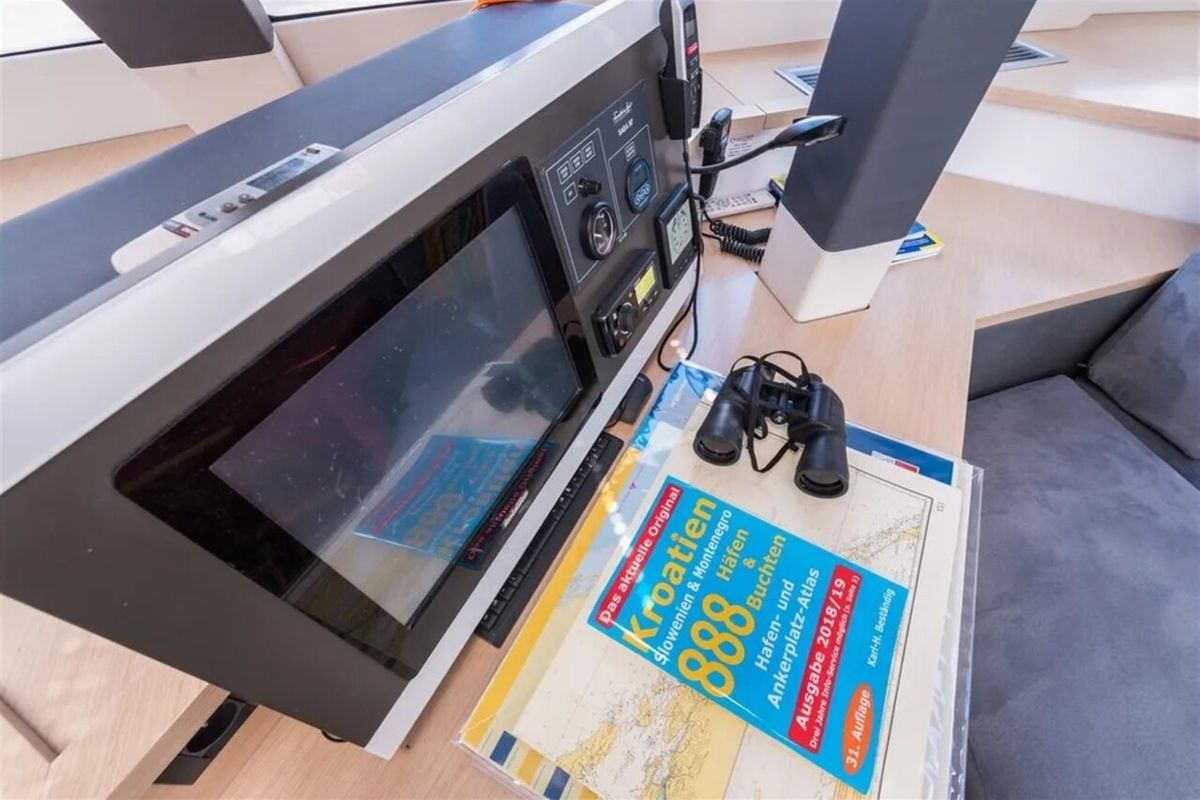 Cockpit of Sunshine Reggae, a Fountaine Pajot Saba 50 catamaran at Palma de Mallorca, Spain