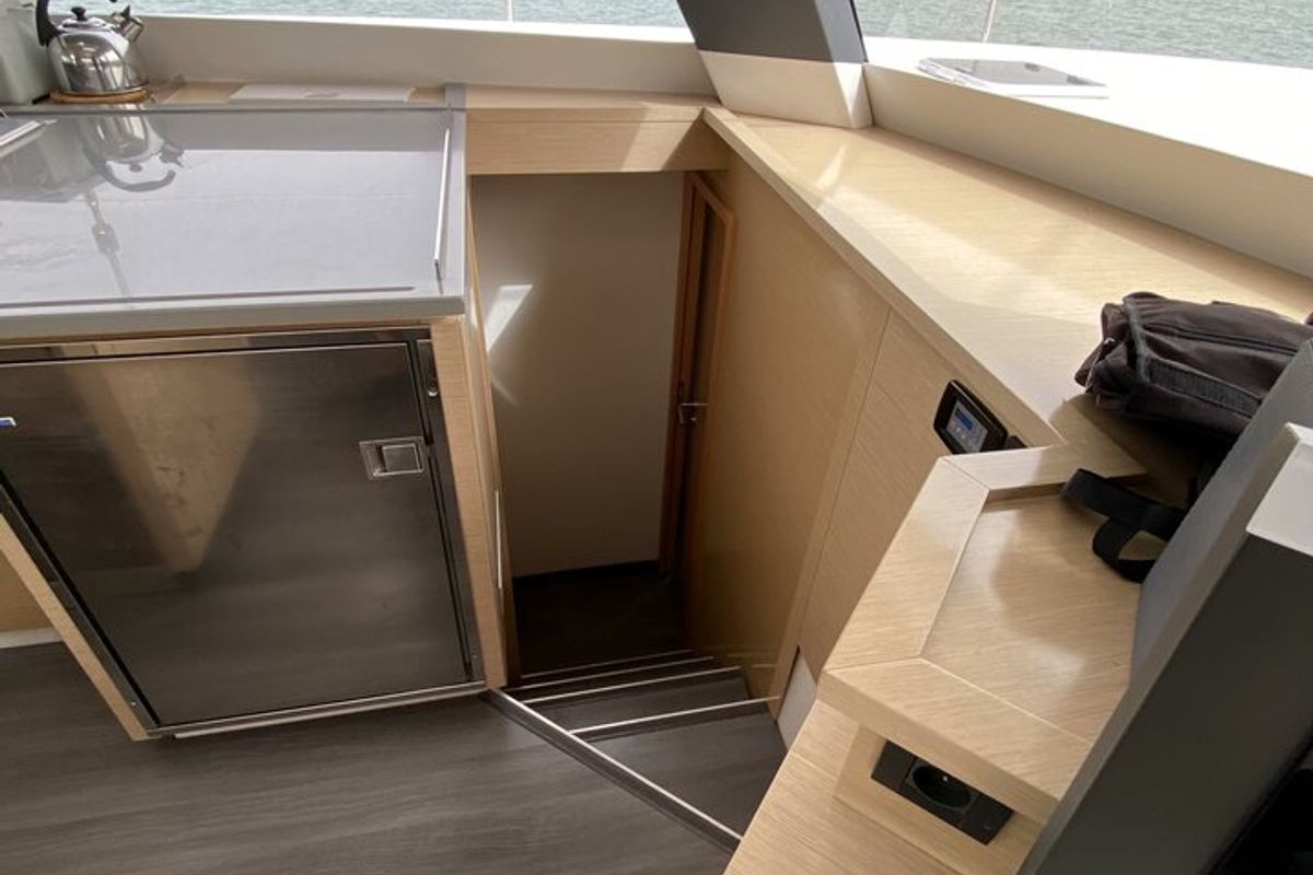 Galley of Sunshine Reggae, a Fountaine Pajot Saba 50 catamaran at Palma de Mallorca, Spain