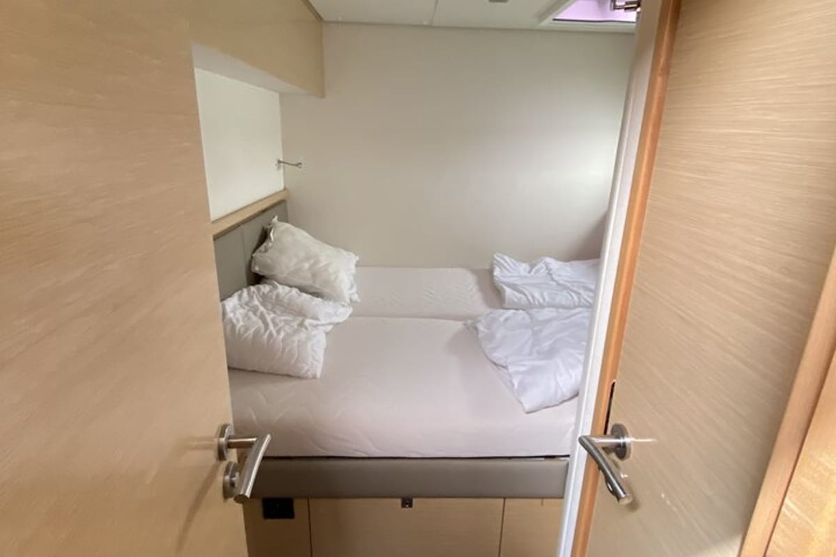Cabin on Sunshine Reggae, a Fountaine Pajot Saba 50 catamaran at Palma de Mallorca, Spain