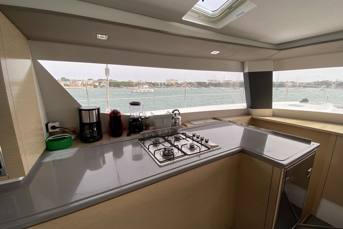 Galley of Sunshine Reggae, a Fountaine Pajot Saba 50 catamaran at Palma de Mallorca, Spain
