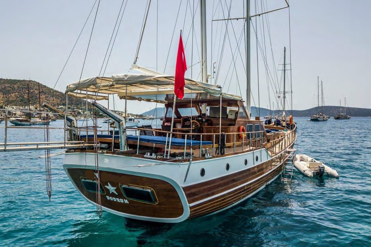 Exterior view of Carpe Diem XI, a Gulet Gulet gulet at Bodrum, Turkey
