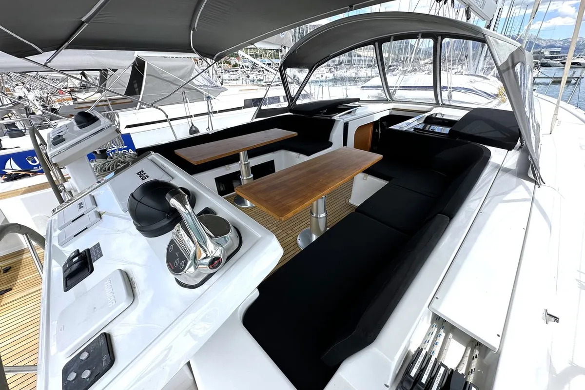 Cockpit of Adele, a Hanse Yachts Hanse 548 sailboat at Seget Donji, Croatia