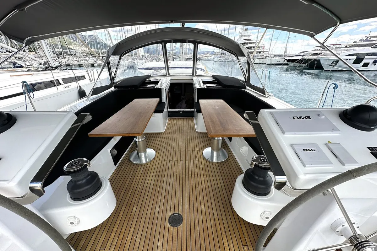 Cockpit of Adele, a Hanse Yachts Hanse 548 sailboat at Seget Donji, Croatia