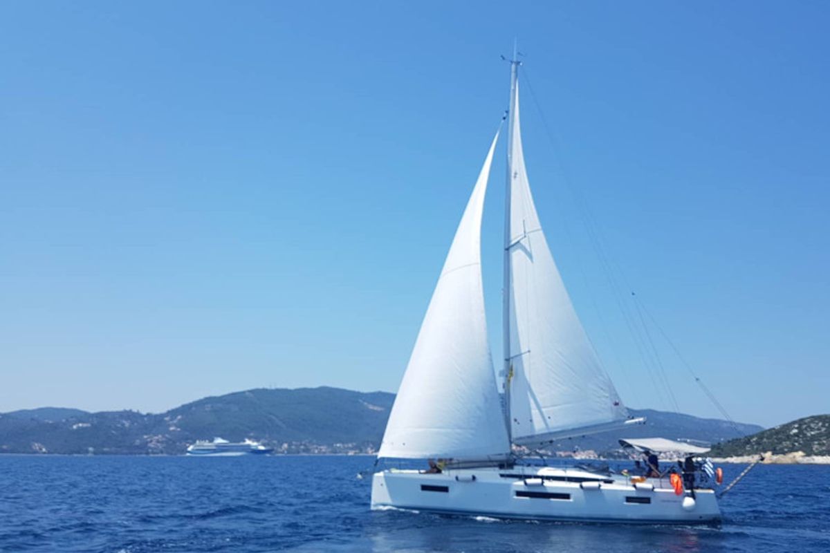 Exterior view of Celene, a Jeanneau Sun Odyssey 440 sailboat at Volos Municipality, Greece