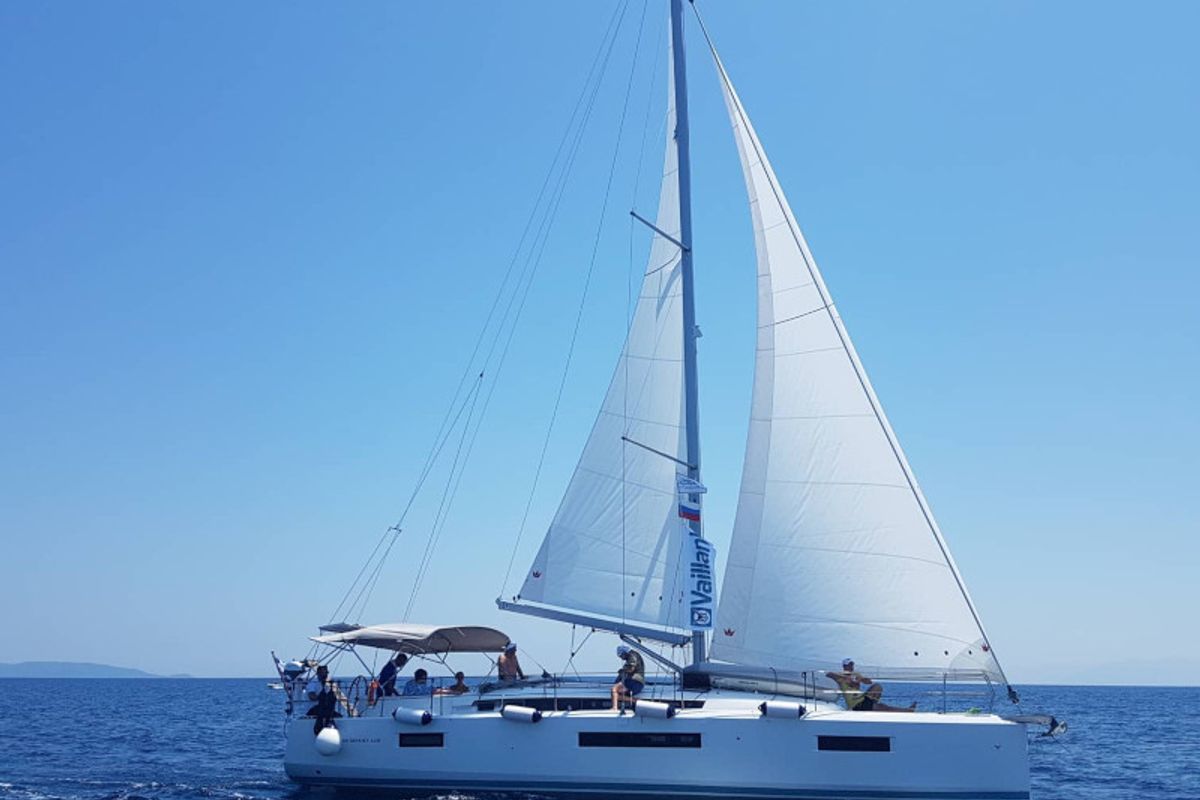 Exterior view of Celene, a Jeanneau Sun Odyssey 440 sailboat at Volos Municipality, Greece