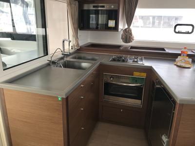 Galley of Cor Caroli, a Lagoon 450 Fly catamaran at Rosignano Solvay, Italy