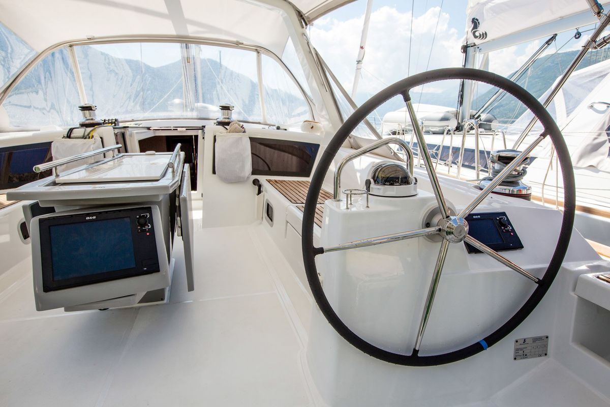 Cockpit of Blues, a Beneteau Oceanis 48 sailboat at Tivat, Montenegro