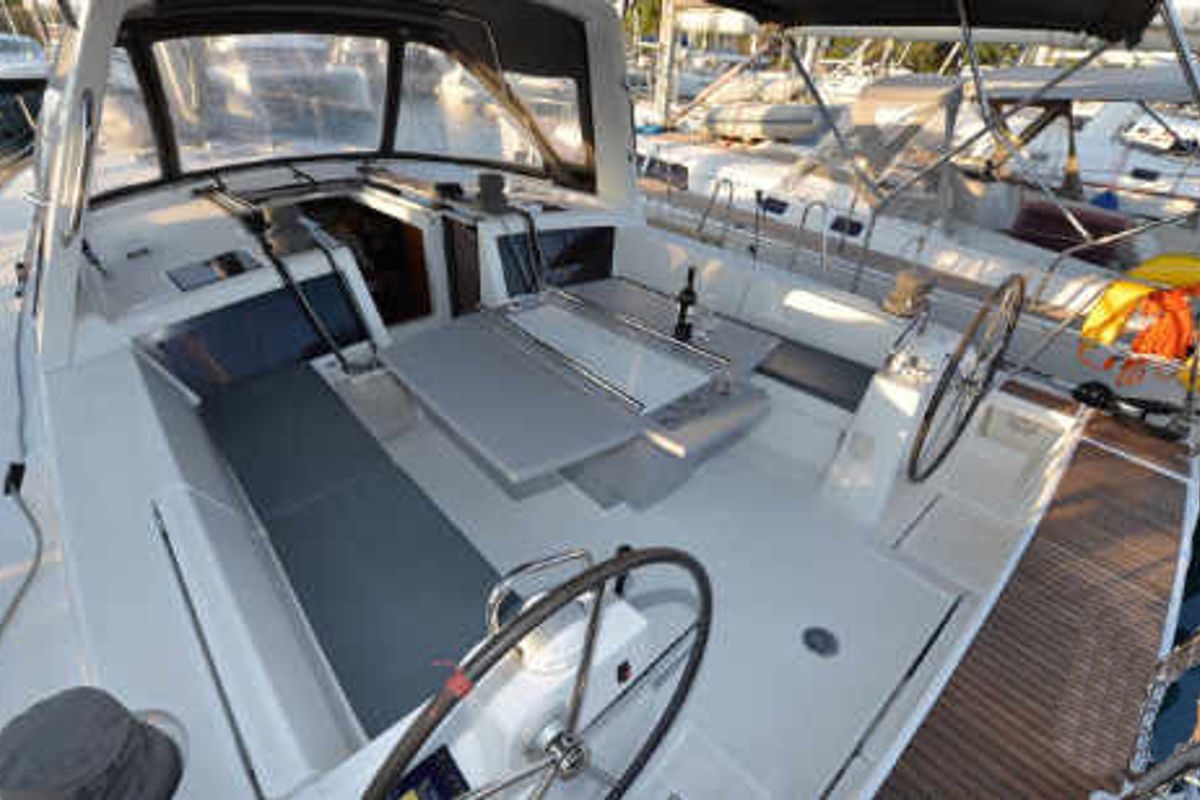 Cockpit of Pherousa, a Beneteau Oceanis 48 sailboat at Lavreotiki Municipal Unit, Greece