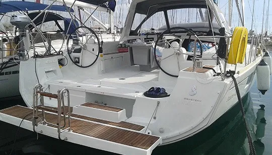 Deck of Pherousa, a Beneteau Oceanis 48 sailboat at Lavreotiki Municipal Unit, Greece