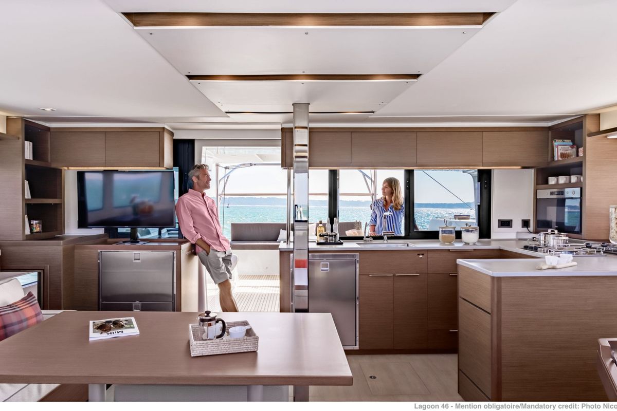 Galley of ELIBLU, a Lagoon 46 catamaran at Capo d'Orlando, Italy