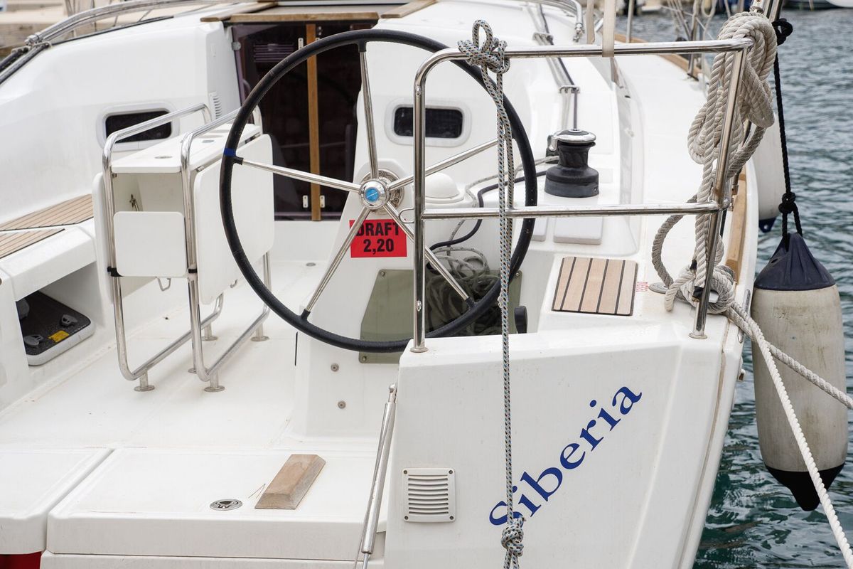 Cockpit of Siberia, a Jeanneau Sun Odyssey 349 sailboat at Rogač, Croatia